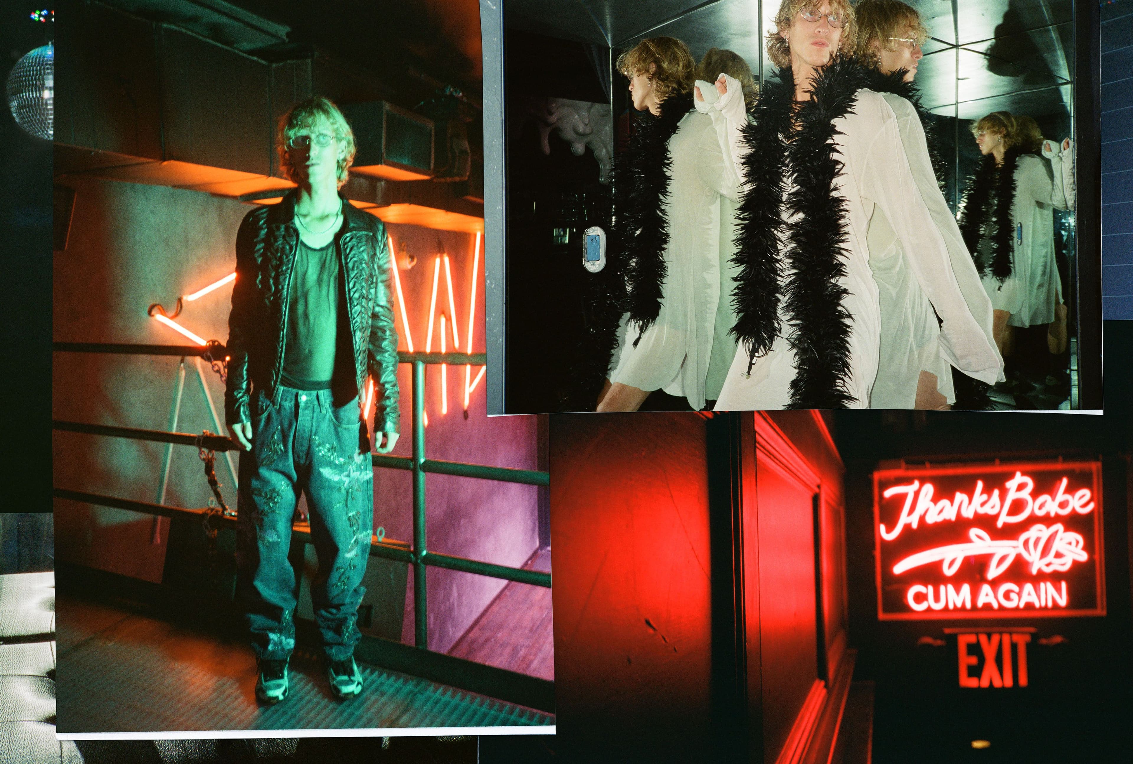 Clockwise from left: All vintage clothing by Gucci by Tom Ford. Shoes by Raf Simons, Spring 2012. Vintage shirt and boa by Ann Demeulemeester.