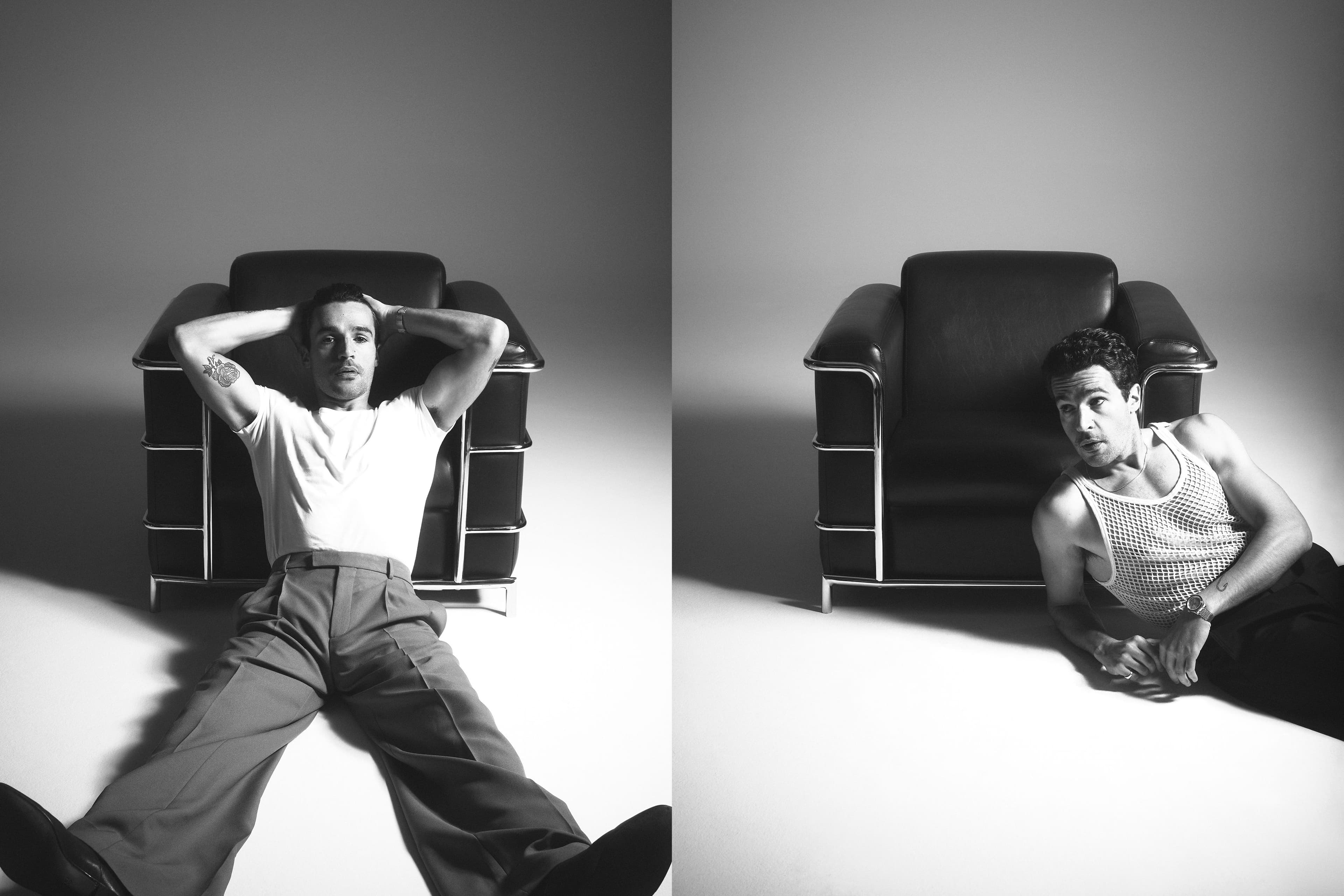 Left: All clothing and shoes by Gucci. Right: Vintage top, stylist’s own. Pants by Zegna. Shoes by Alexander McQueen.