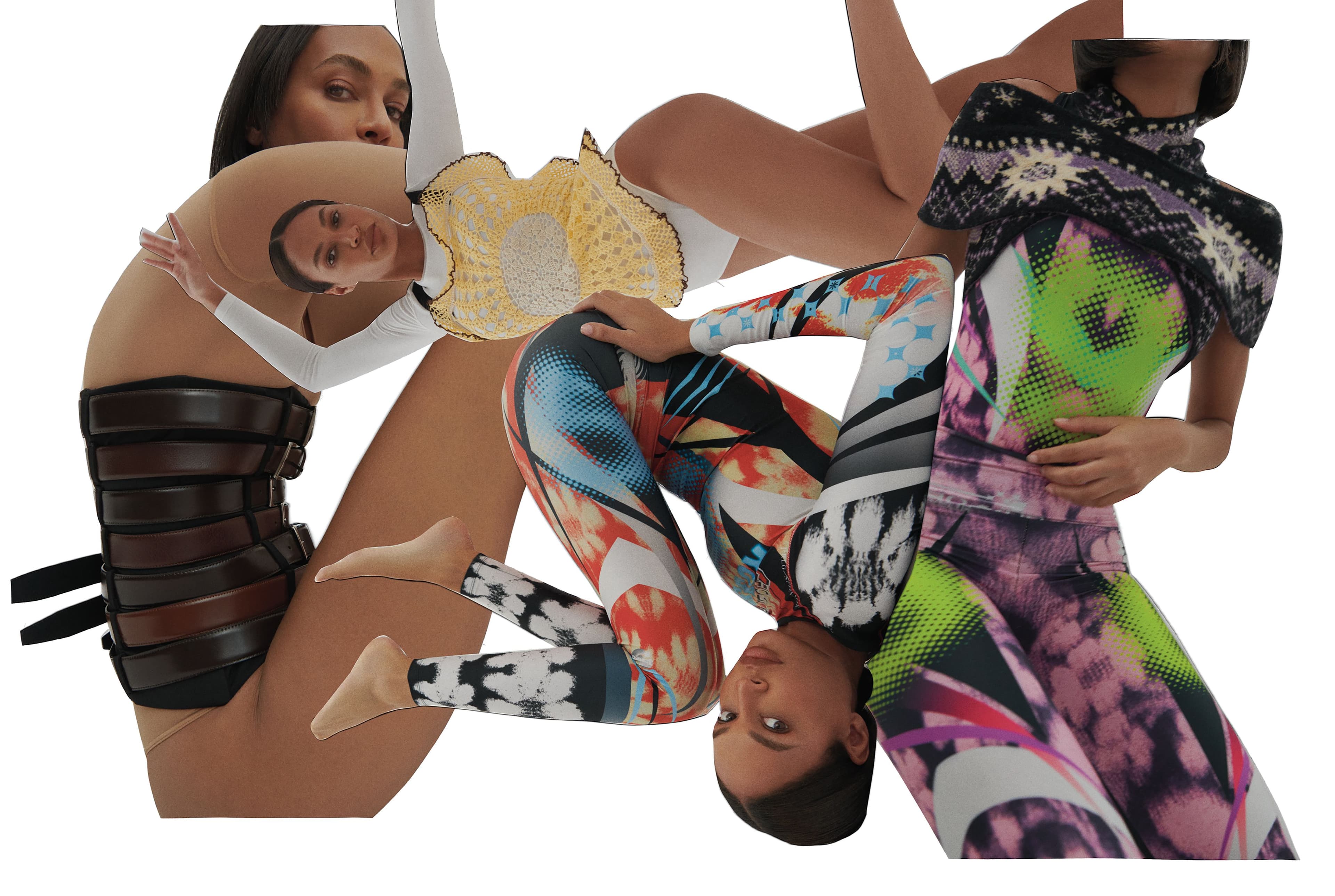 Clockwise from left: CORSET by ,Bettter., BODYSUIT by ,Wolford., TOP by ,Diotima., All CLOTHING by ,Paolina Russo., All CLOTHING by ,Paolina Russo.