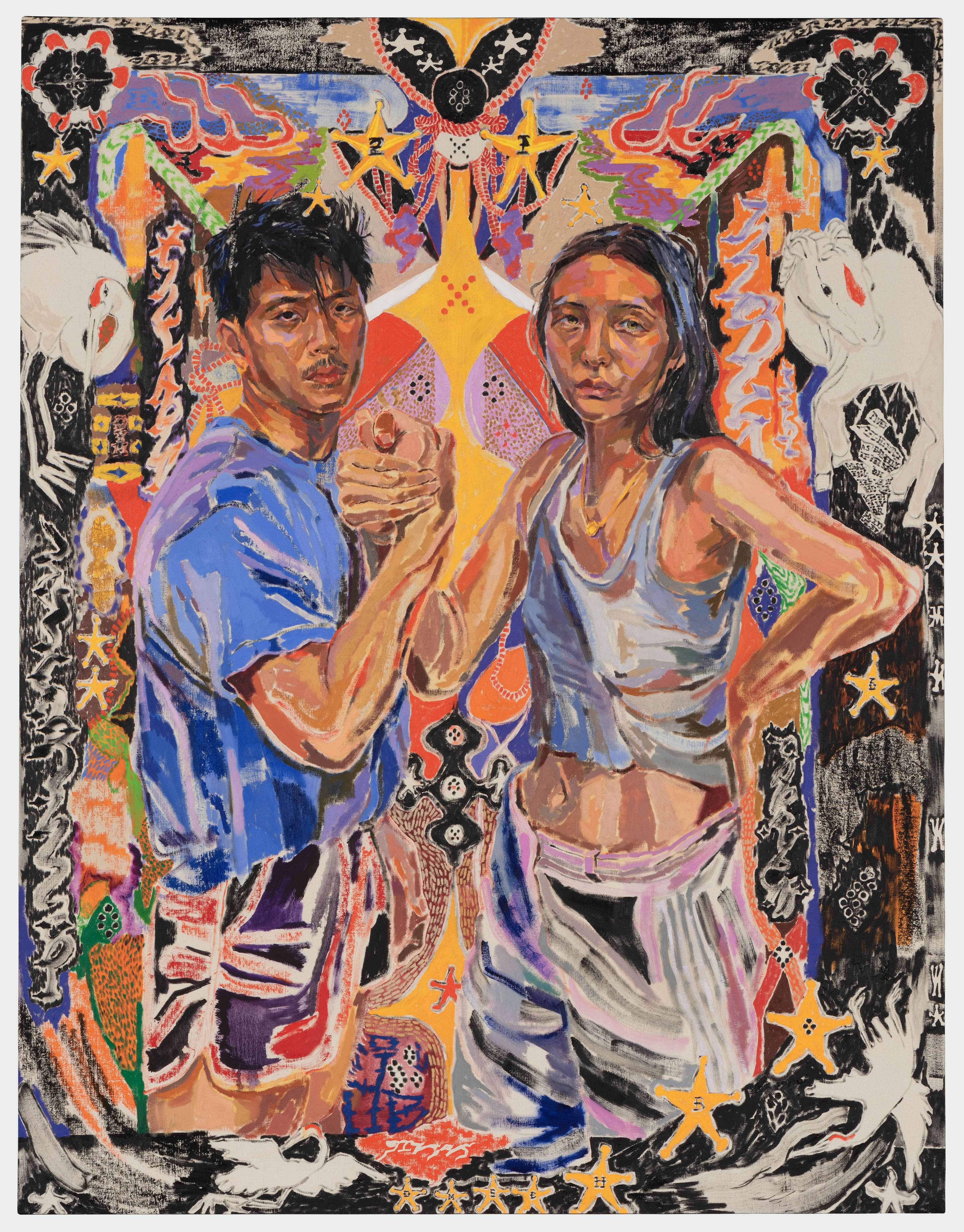 Oscar yi Hou (born Liverpool, UK, 1998). ’The Arm Wrestle of Chip & Spike; aka: Star-Makers,’ 2020. Oil on canvas, 55 1⁄2“ × 43“. Brooklyn Museum; Purchase gift of Scott Rofey and Olivia Song, 2021. 45. © Oscar yi Hou. Photography by Jason Mandella, courtesy of James Fuentes LLC.