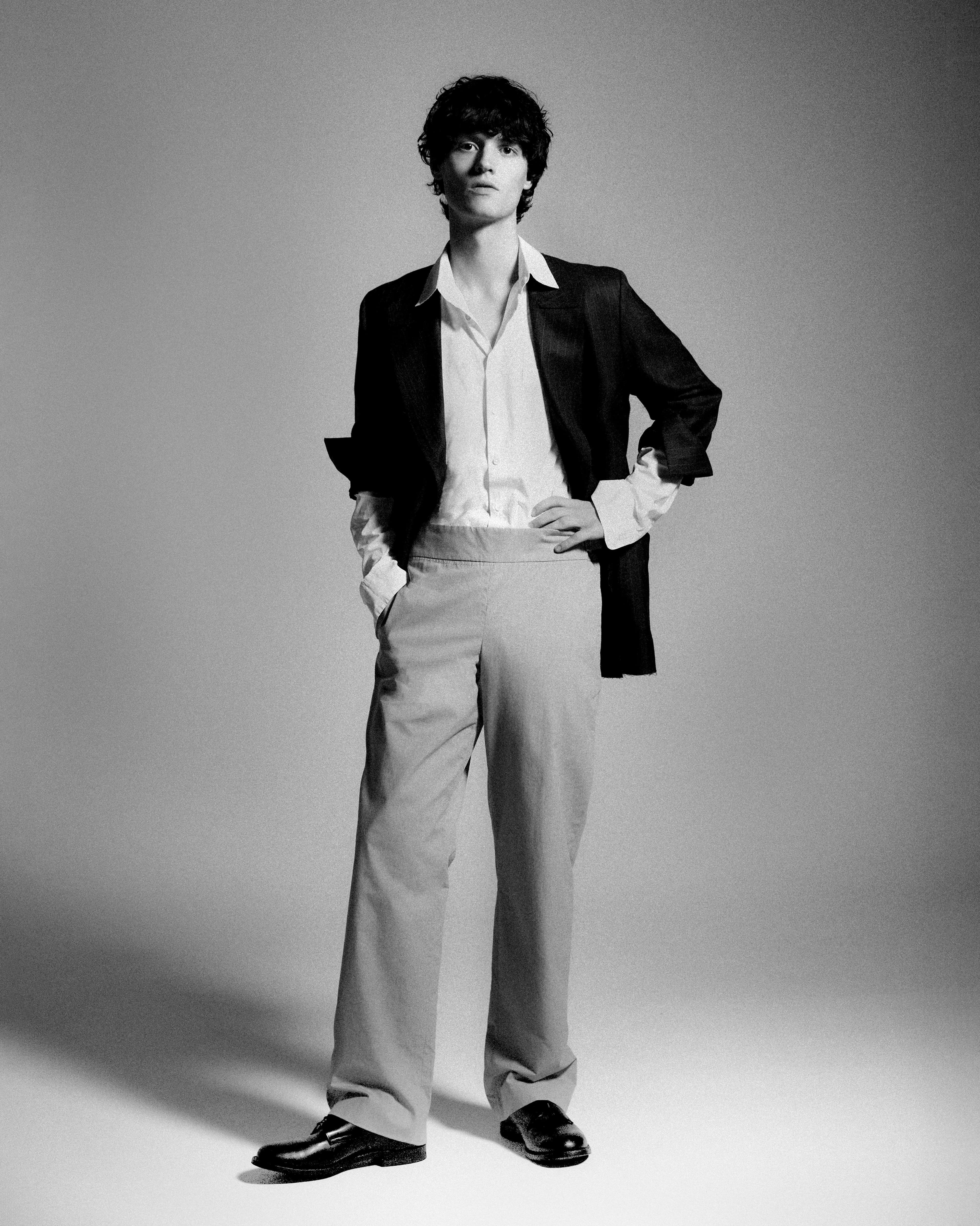 JACKET by ,Lea Boberg. ,SHIRT, stylist’s own. Vintage PANTS by ,Helmut Lang ,from La Nausée. SHOES, stylist’s own.