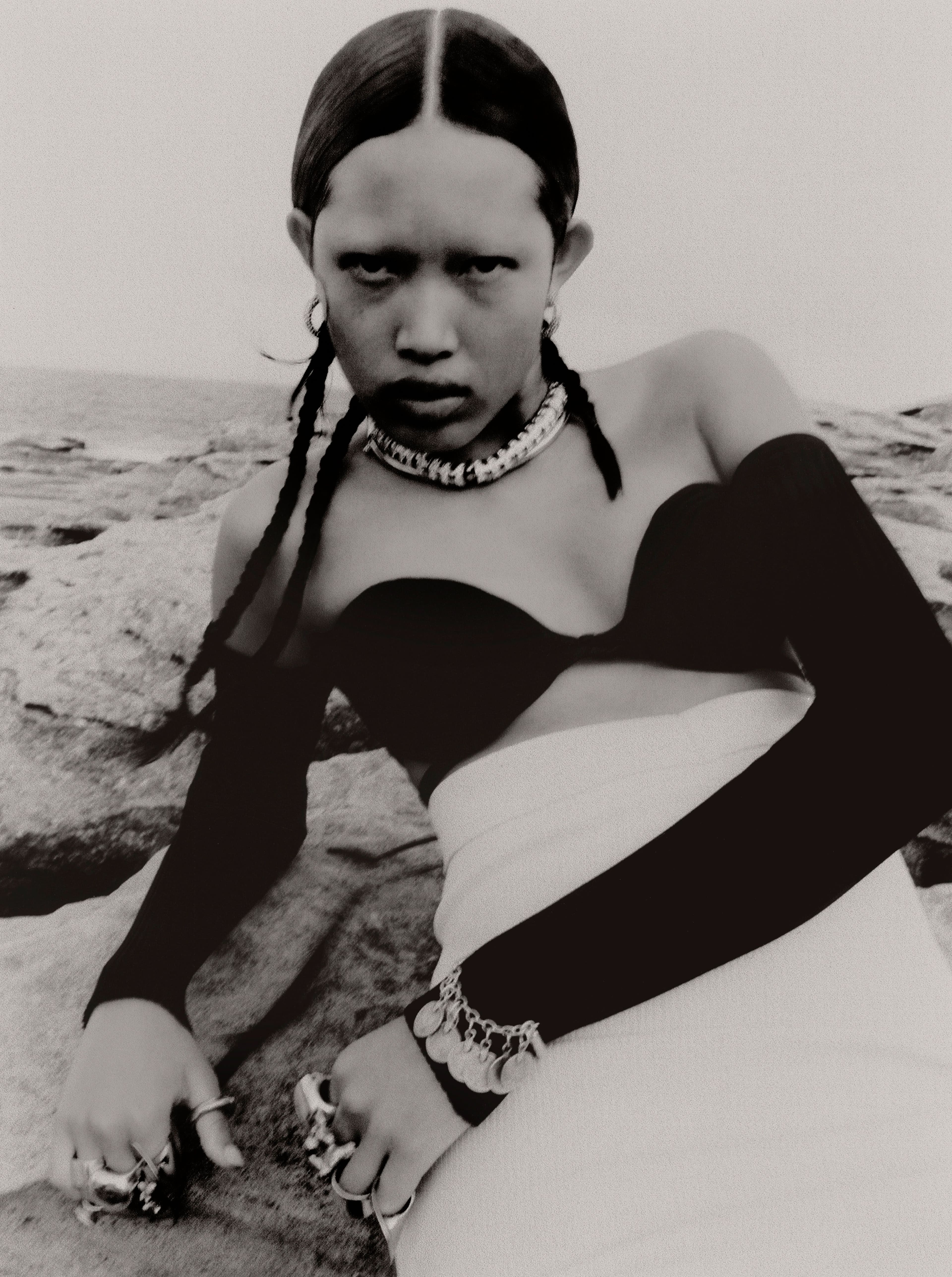 All clothing by Dion Lee. Earrings and top necklace by Christopher Esber. Bottom necklace from Uuli’s Unique & Unusual Vintage. Rings on left hand, from left to right, by Uuli’s Unique & Unusual Vintage and Dinosaur Designs. All rings on right hand by Dinosaur Designs.