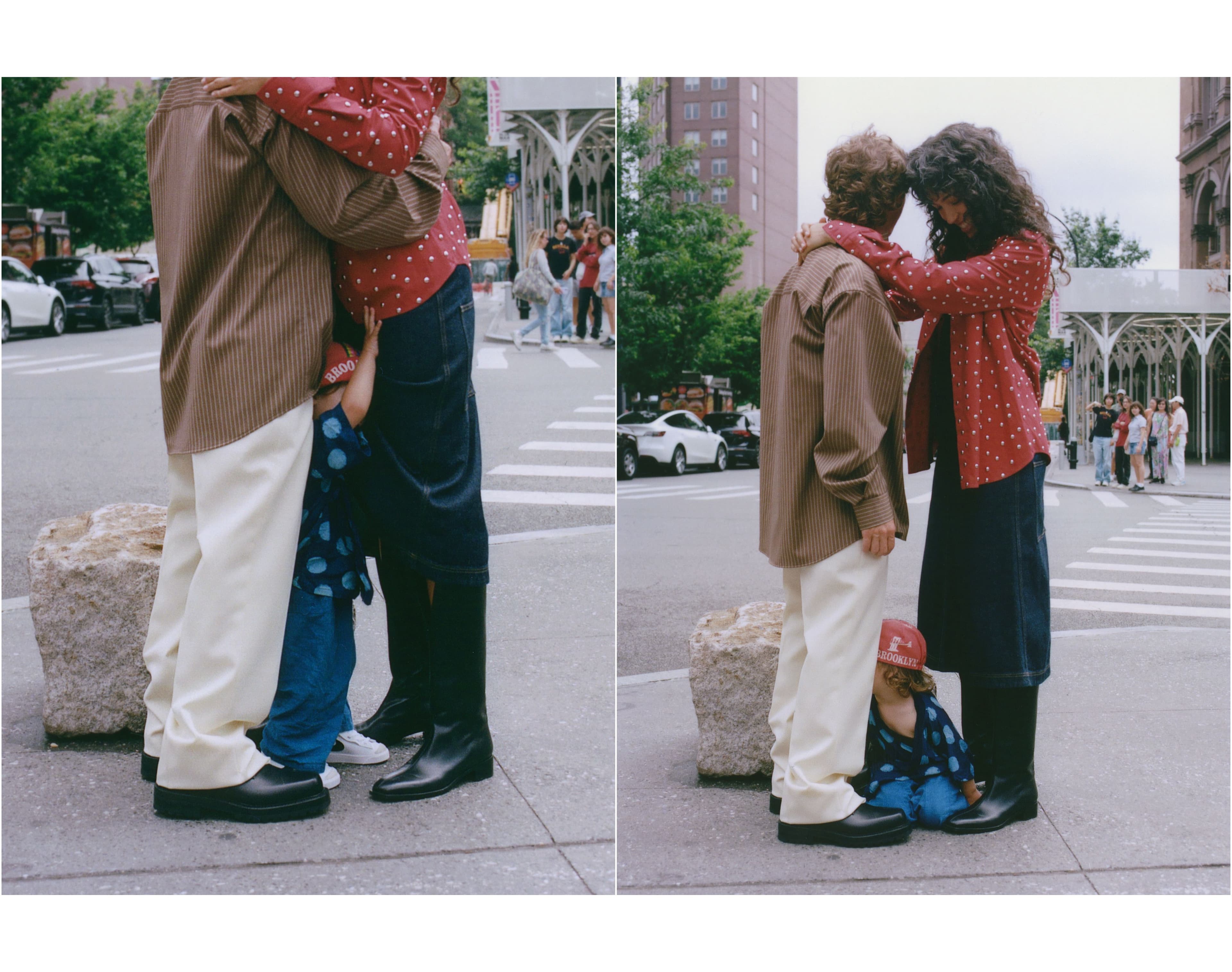 Ryan wears shirt by Colbo NYC. Pants by Gucci. Shoes by Dries Van Noten. Julie wears top and skirt by Tibi. Shirt by Lanvin. Boots by Peter Do. Teo wears all clothing and hat, stylist’s own. Shoes by Nike,.