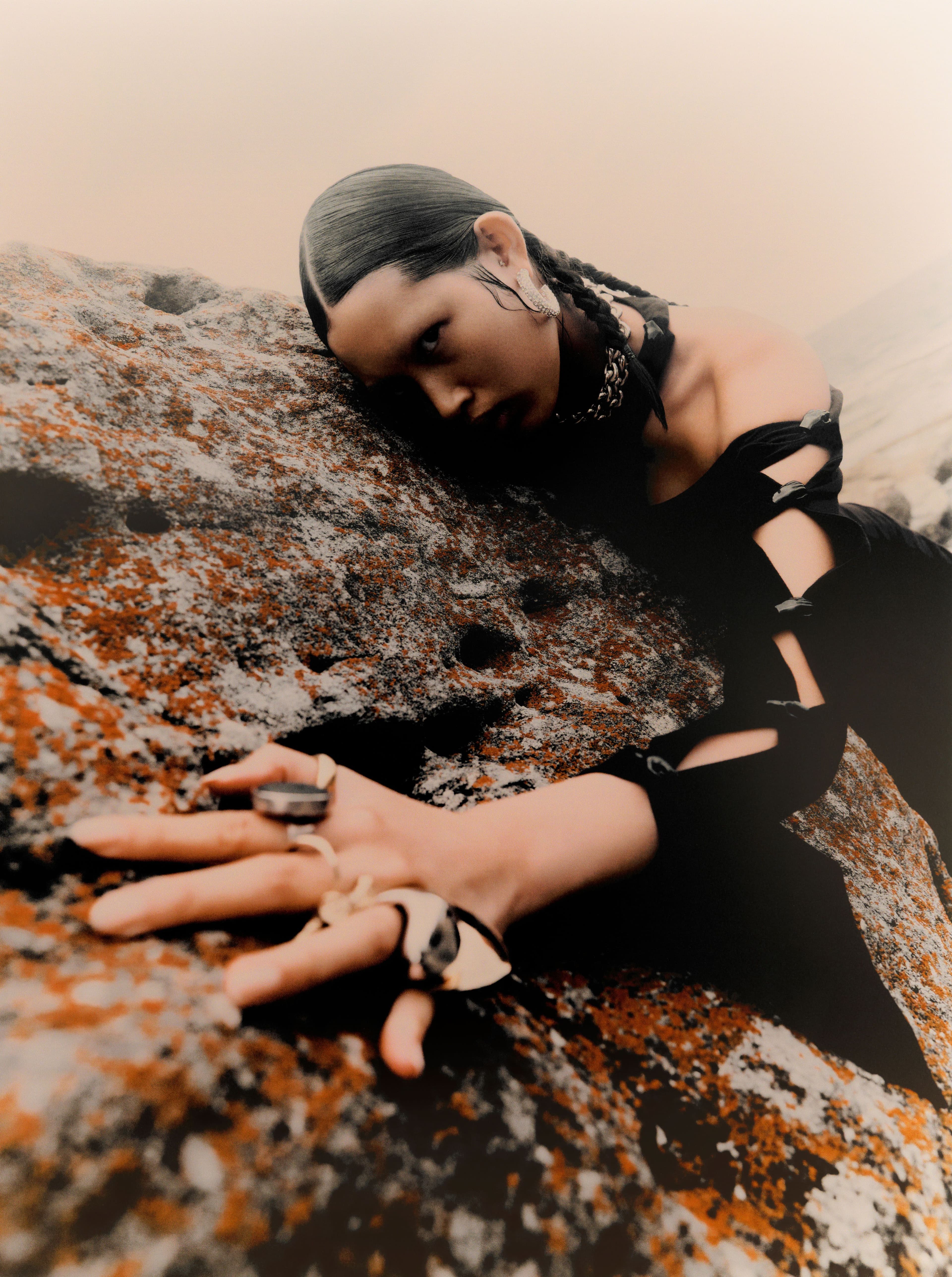 Dress by Common Hours. Necklace by Dinosaur Designs. Earrings by Christopher Esber. Rings on index and ring fingers by Dinosaur Designs. Vintage ring on middle finger from Uuli’s Unique & Unusual.