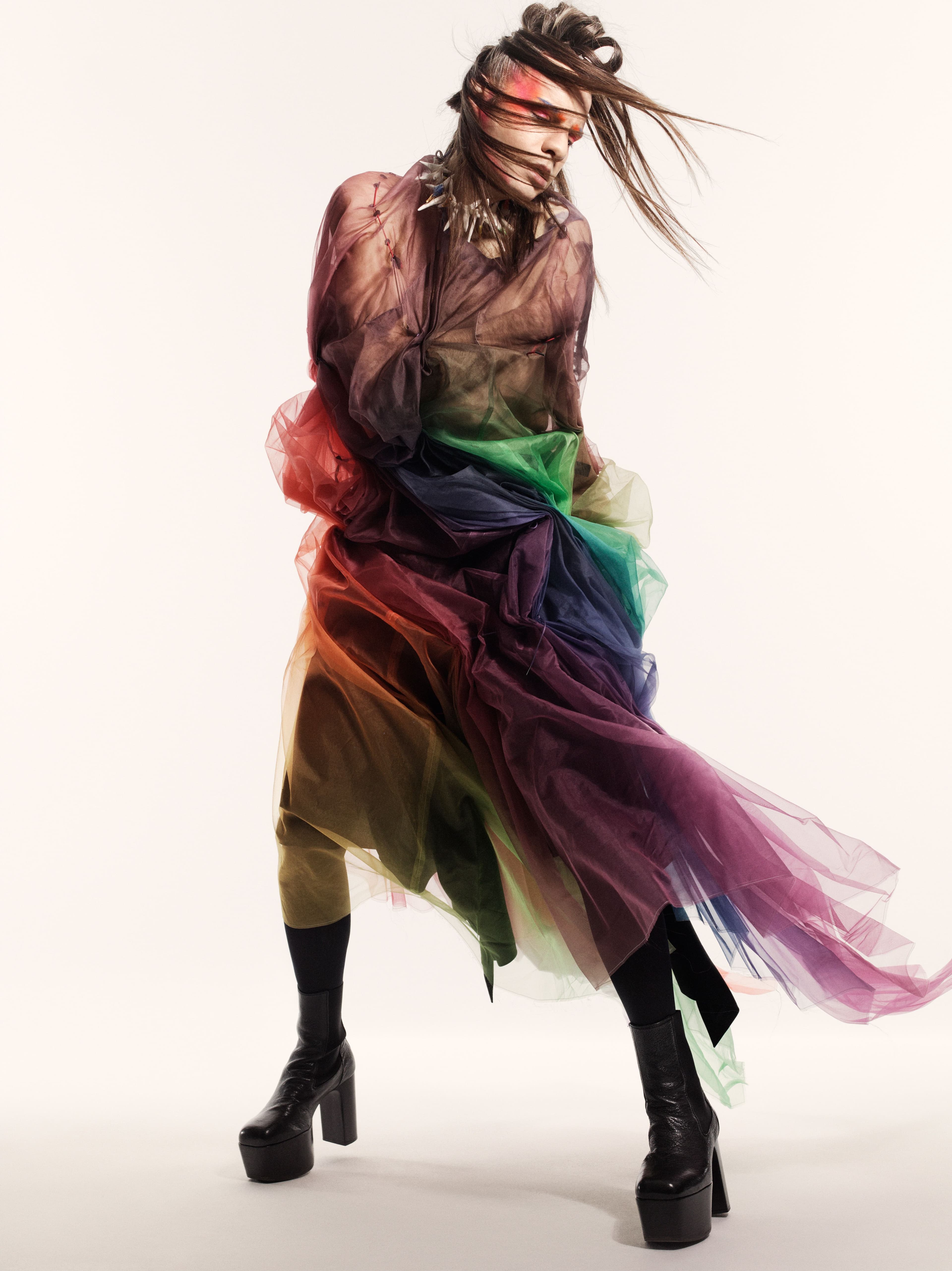 Dress and necklace by Yuima Nakazato. Tights by Falke. Boots by Rick Owens.