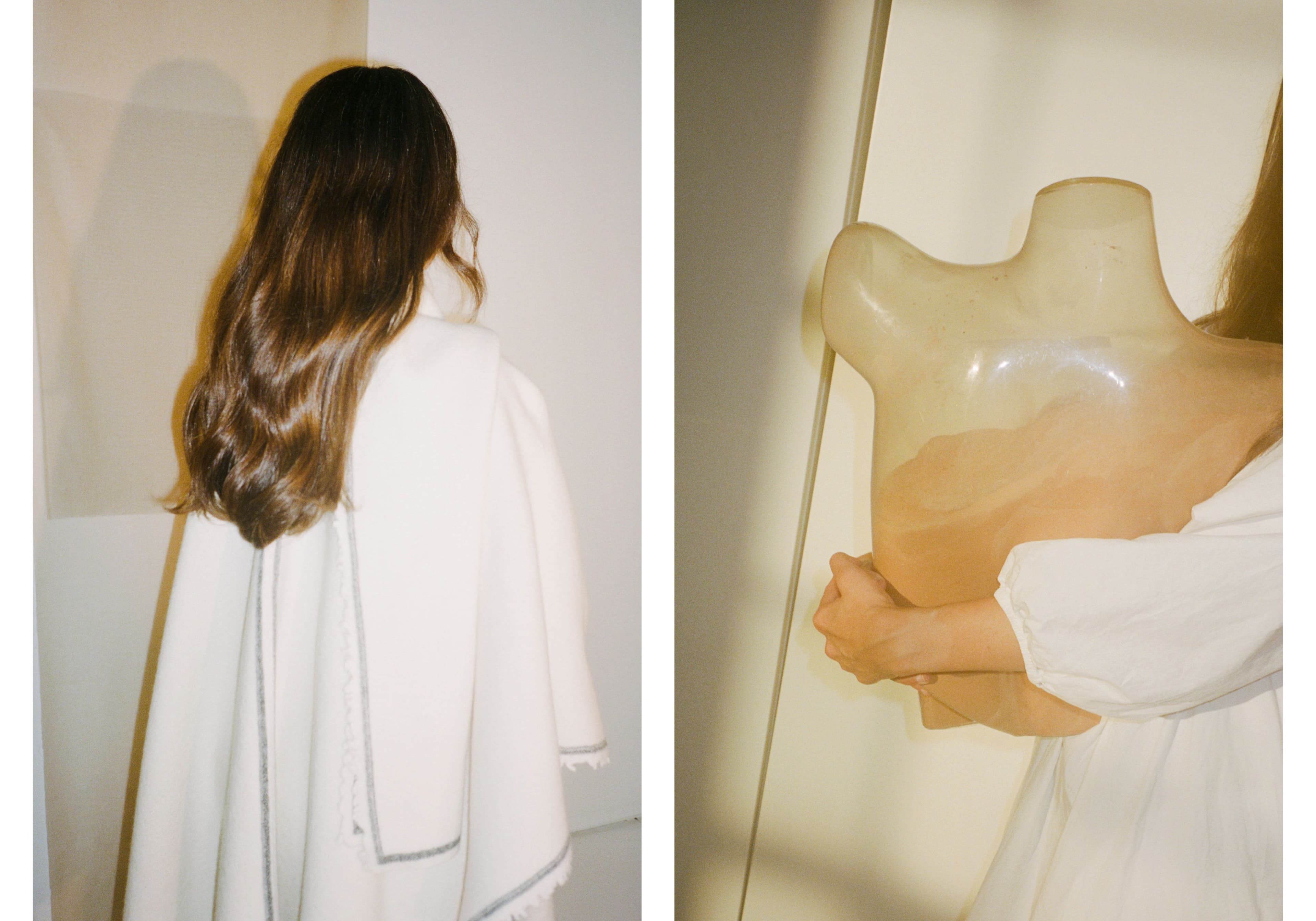 Left: Poncho by Jil Sander. Right: Dress by Fragmentario.