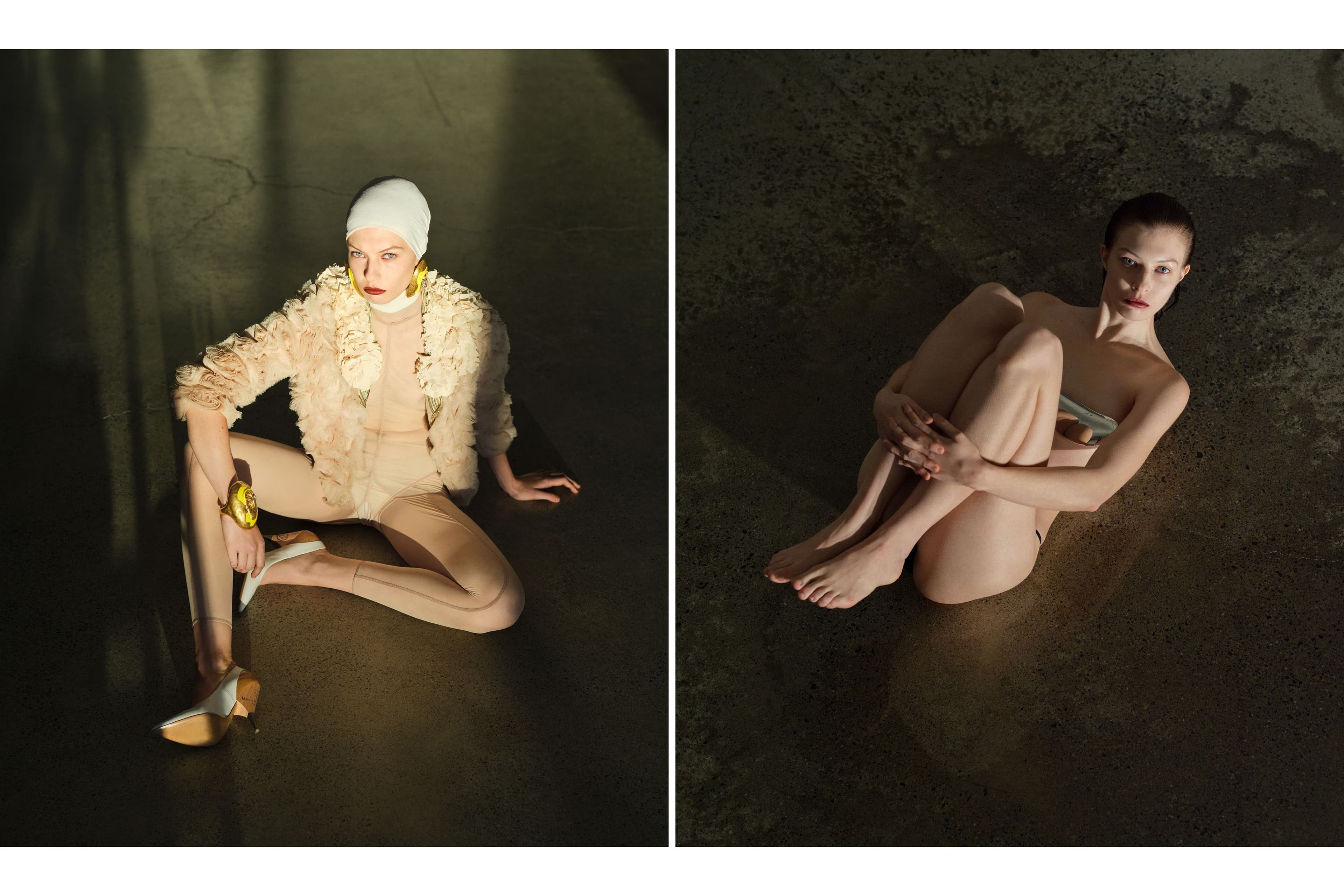 Left: Vintage jacket by Givenchy from Albright Fashion Library. Vintage bodysuit and tights by Ann Demeulemeester from Albright Fashion Library. Vintage shoes by Maison Margiela. Headband, stylist’s own. All jewelry by Schiaparelli. Right: Top by Agmes. Underwear by Matteau.