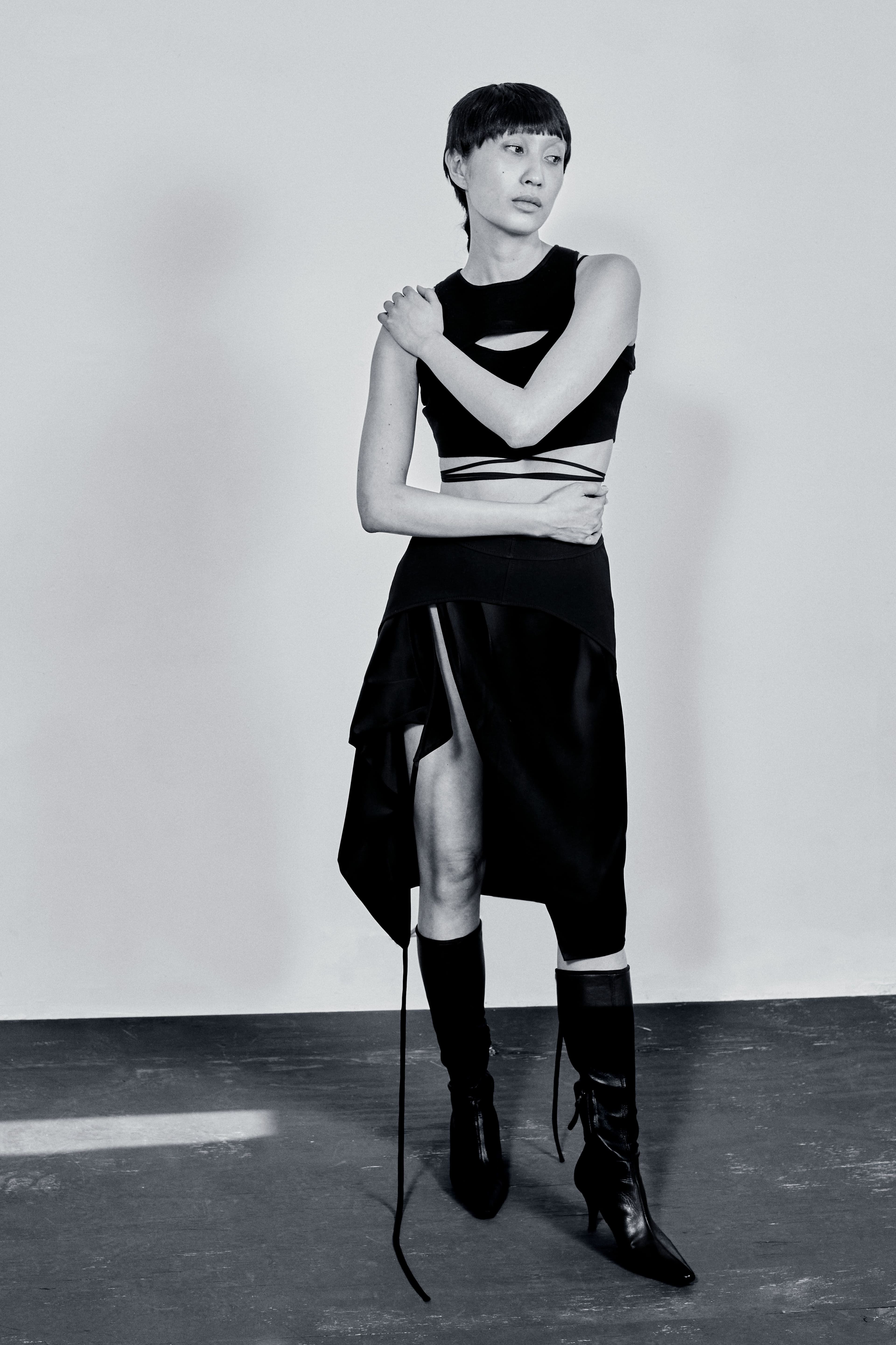 All clothing by Private Policy. Vintage boots by Prada.